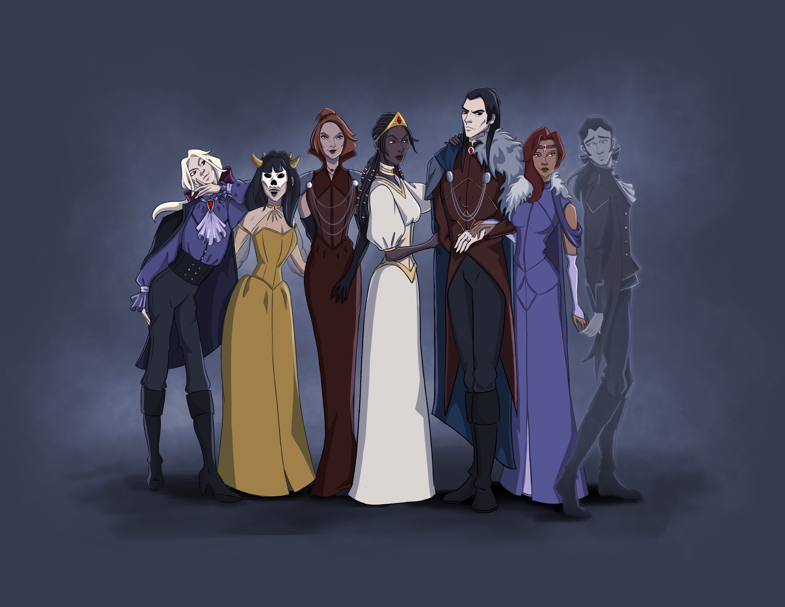 Curse of Strahd NPC "family" portrait. From left to right: Escher, Volenta, Anastrasya, Ludmilla, Lord Strahd von Zarovich, Tatyana, Sergei von Zarovich.