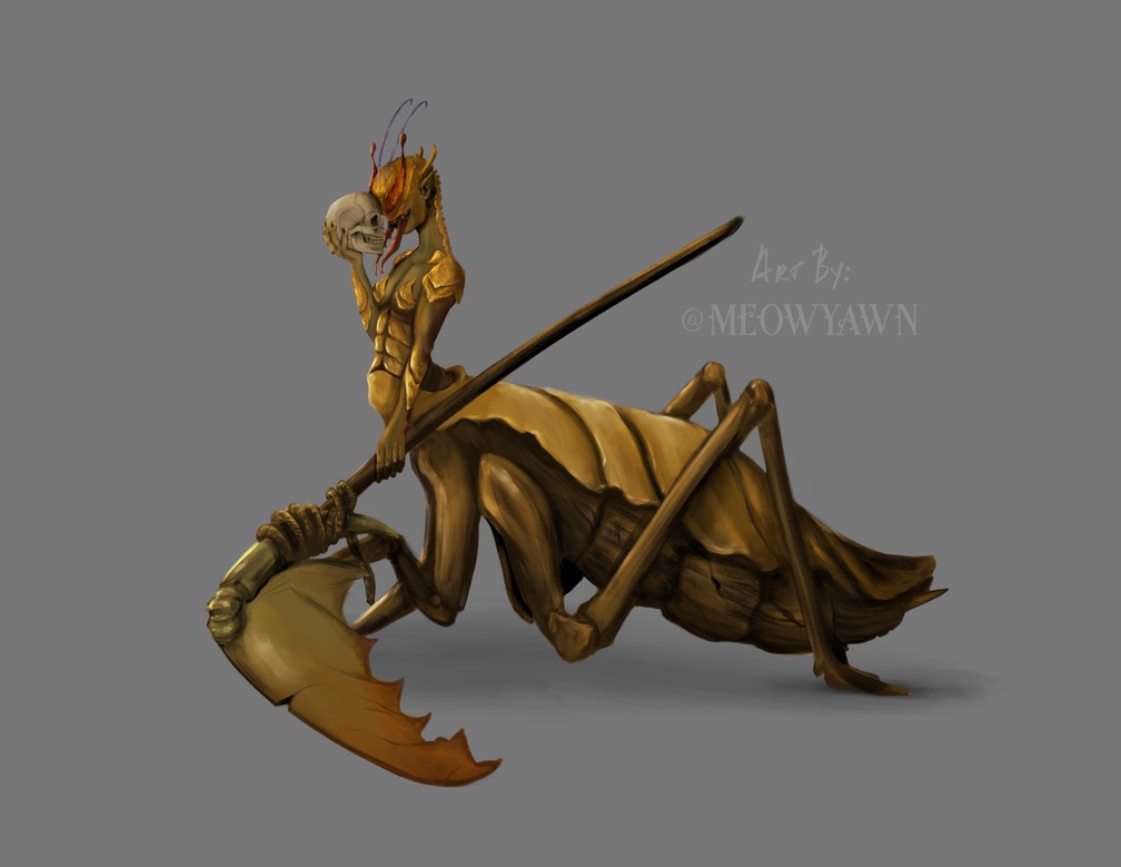 A centaur, but instead of a horse's body, it's a praying mantis wielding an enormous, wicked scythe.