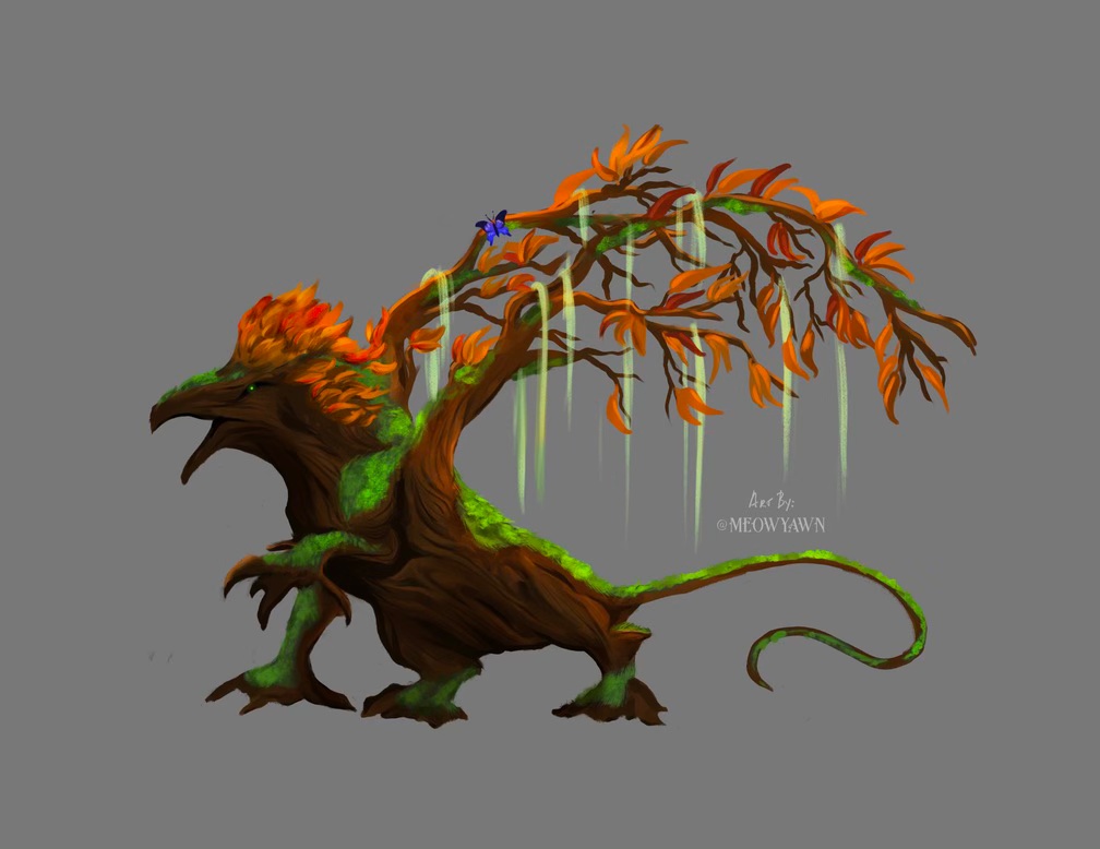 A griffin where the feathers are made of leaves, the skin is made of moss, and the beaks/claws are made of bark.